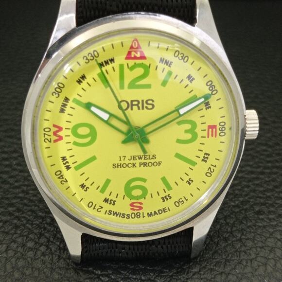 Vintage 1991 Oris Manual Mens Silver Watch W/Nato Strap & Yellow accents - Picture 4 of 9